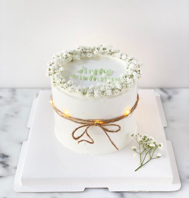 Customized Cake - Fresh Babies Breath with Dusty White Cake