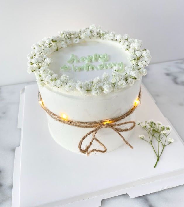 Customized Cake - Fresh Babies Breath with Dusty White Cake