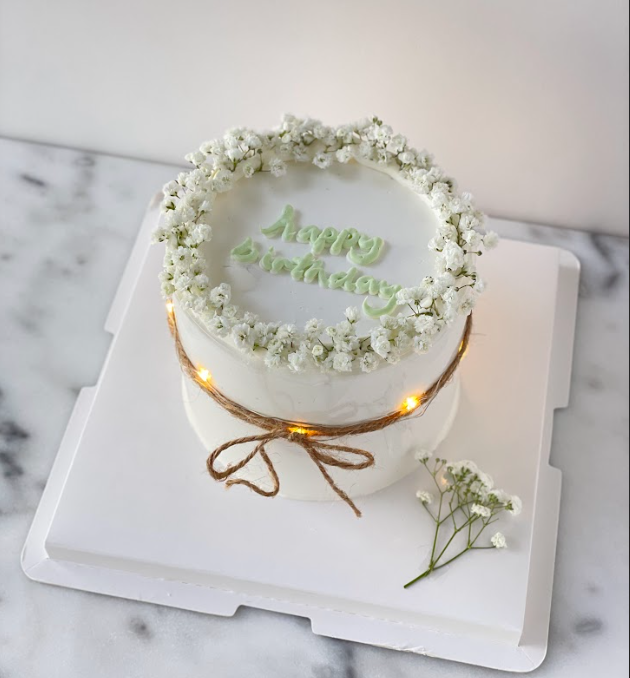 Customized Cake - Fresh Babies Breath with Dusty White Cake