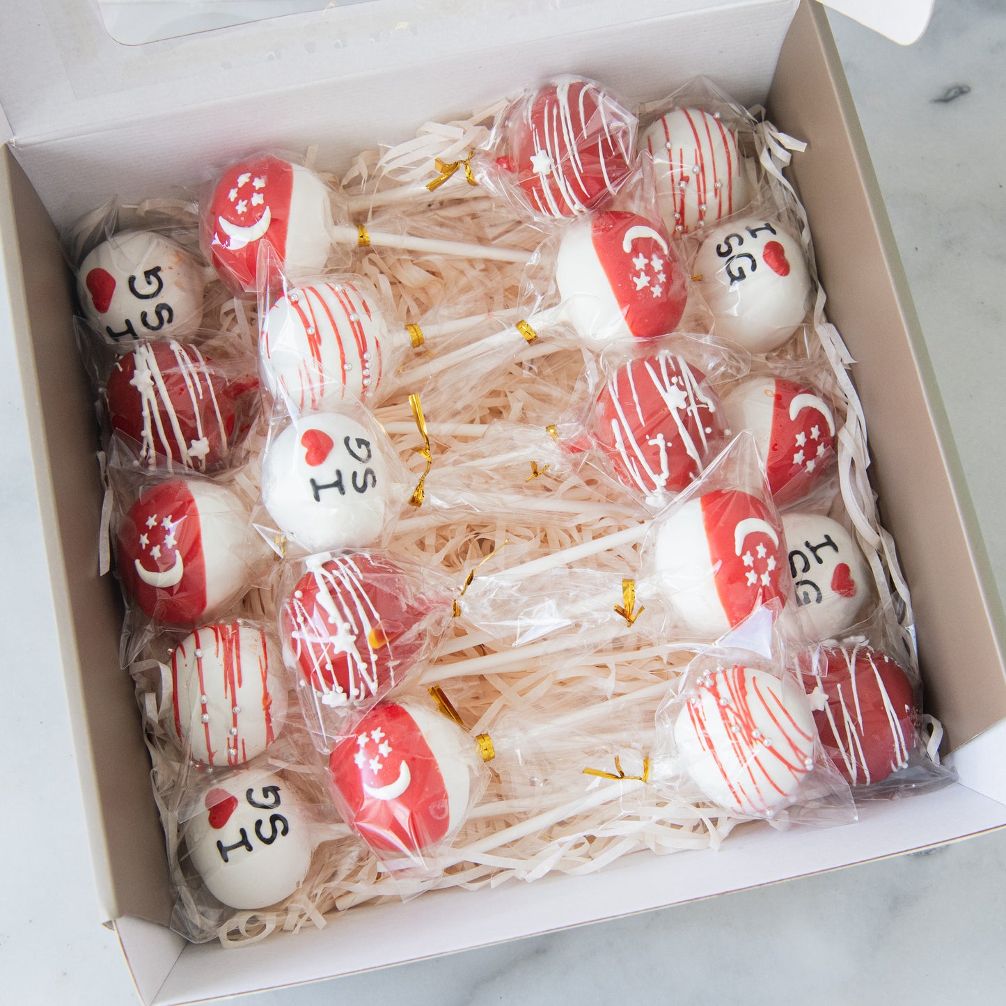 Happy National Day | Red and White Cake-pops Assorted 20 pcs In Gift Box | $68.80 Nett