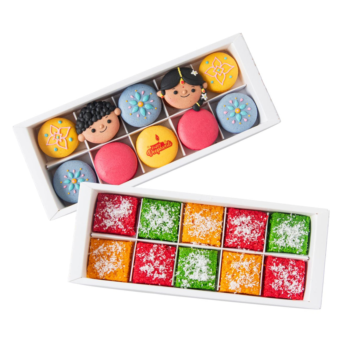 Happy Deepavali | Bundle of 10in1 Radiant Diya Macarons set + 10 in1 Joyful & Colorful Eggless Coconut Barfi | $58 Nett (u.p $89.80)