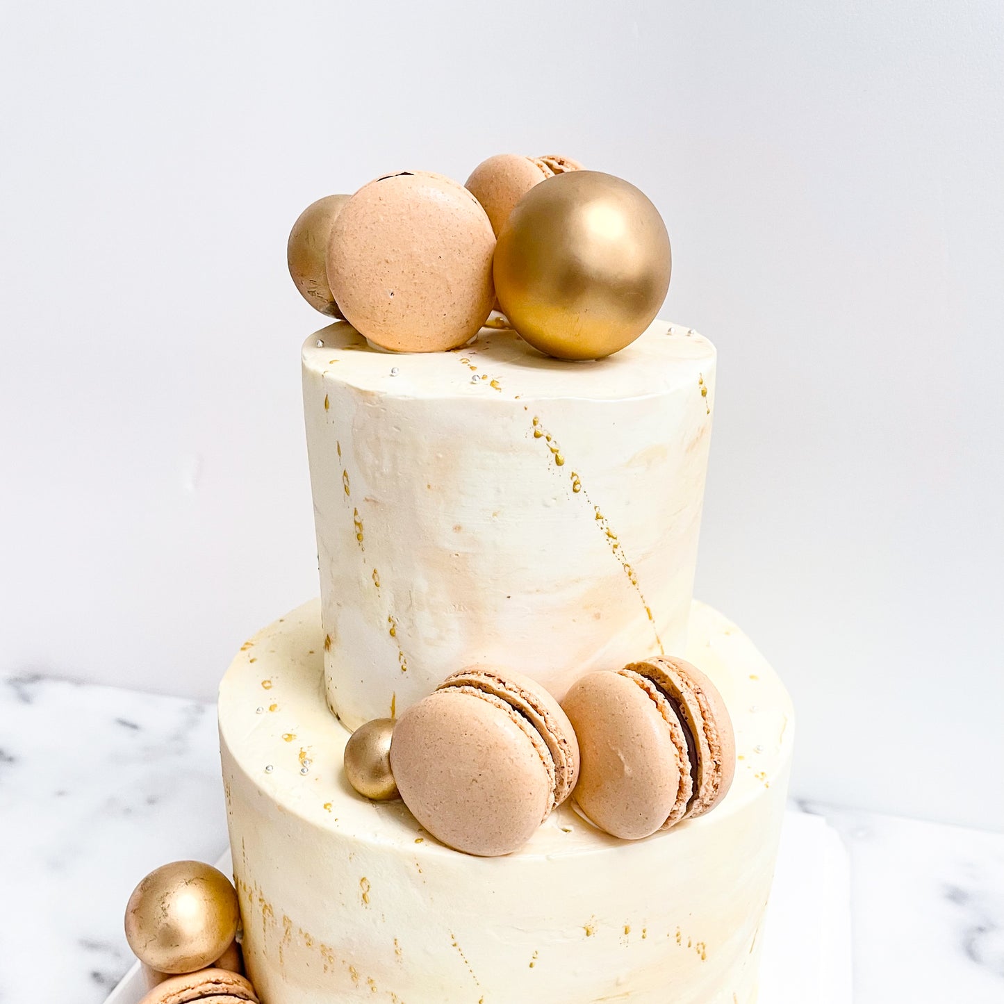 Customized Cake - Minimalist Gold Ball W Macarons Cake