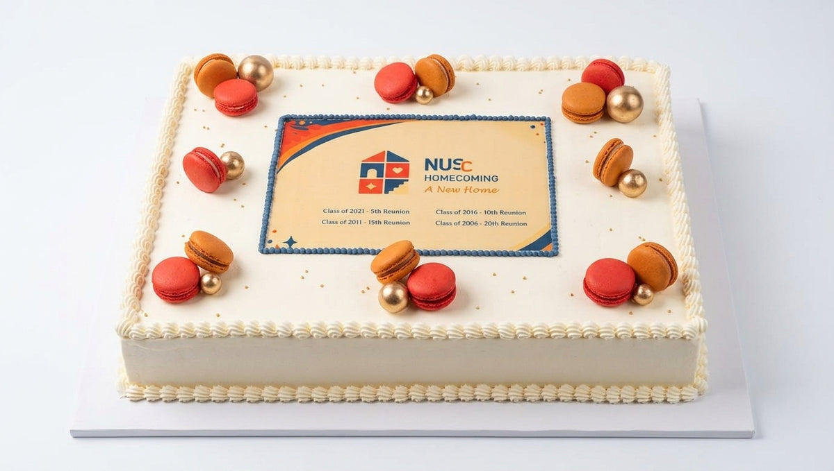 A rectangular white frosted cake on a white board, decorated with red and orange macarons and small gold spheres, featuring a custom printed blue and gold NUS Homecoming sign in the center.