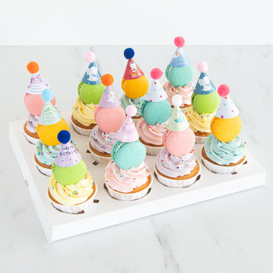 Limited Edition Macaron Cupcake with party hat | $68.80 Nett