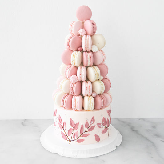 Customized Cake-Pink Ombre Macaron Tower Cake In Gift Box | $258 Nett