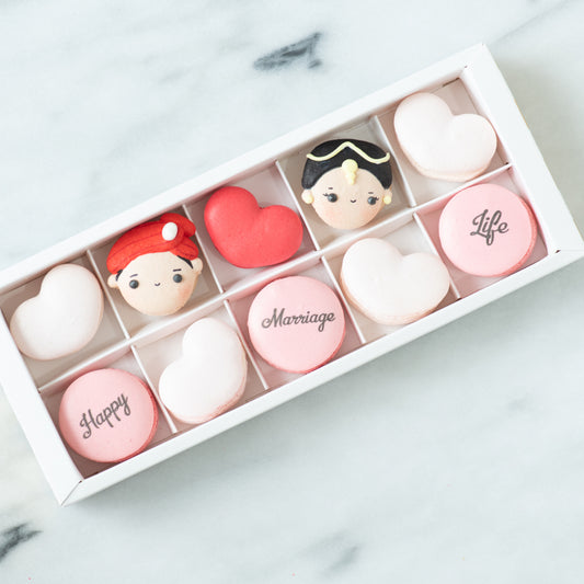 10 pcs Traditional Indian Wedding Couple Macarons in a Gift Box | Complimentary Ribbon and Personalised Message | $38.80 Nett