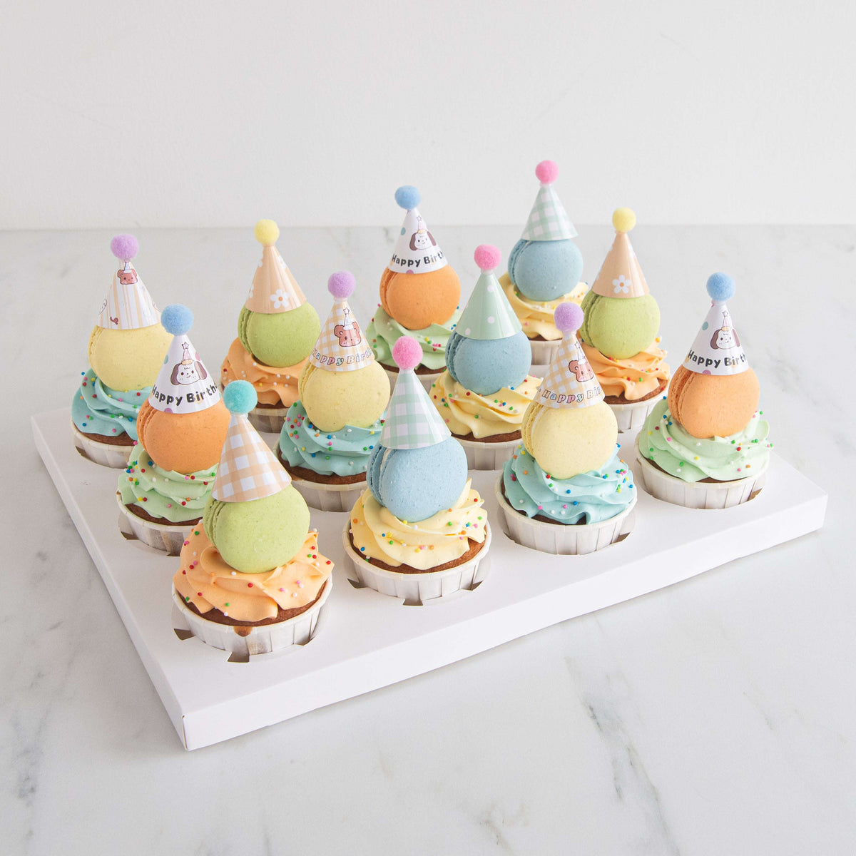 Pastel Macaron Cupcakes with party hat | NOW FOR $68.80 ONLY(U.P $128.80)