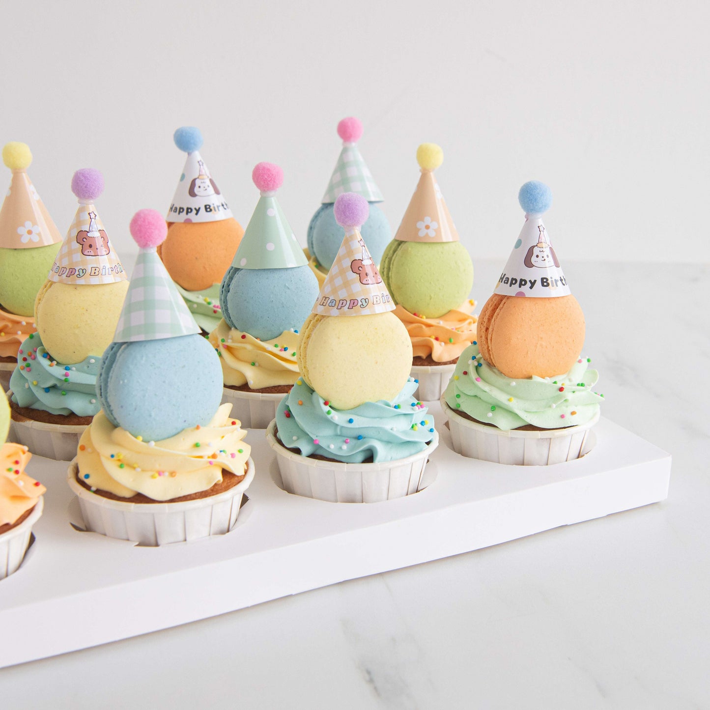 Pastel Macaron Cupcakes with party hat | NOW FOR $68.80 ONLY(U.P $128.80)