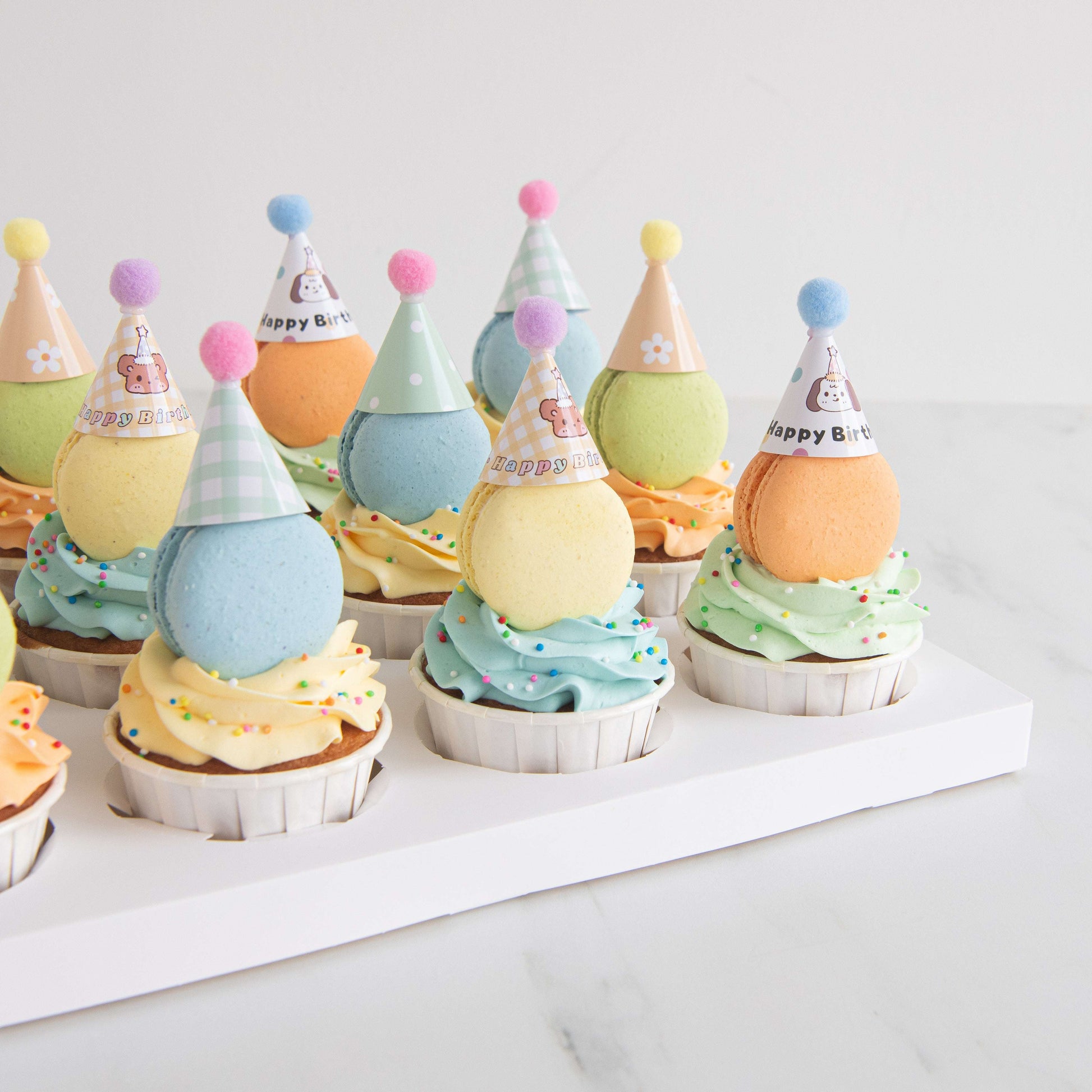 Pastel Macaron Cupcakes with party hat | NOW FOR $68.80 ONLY(U.P $128.80)