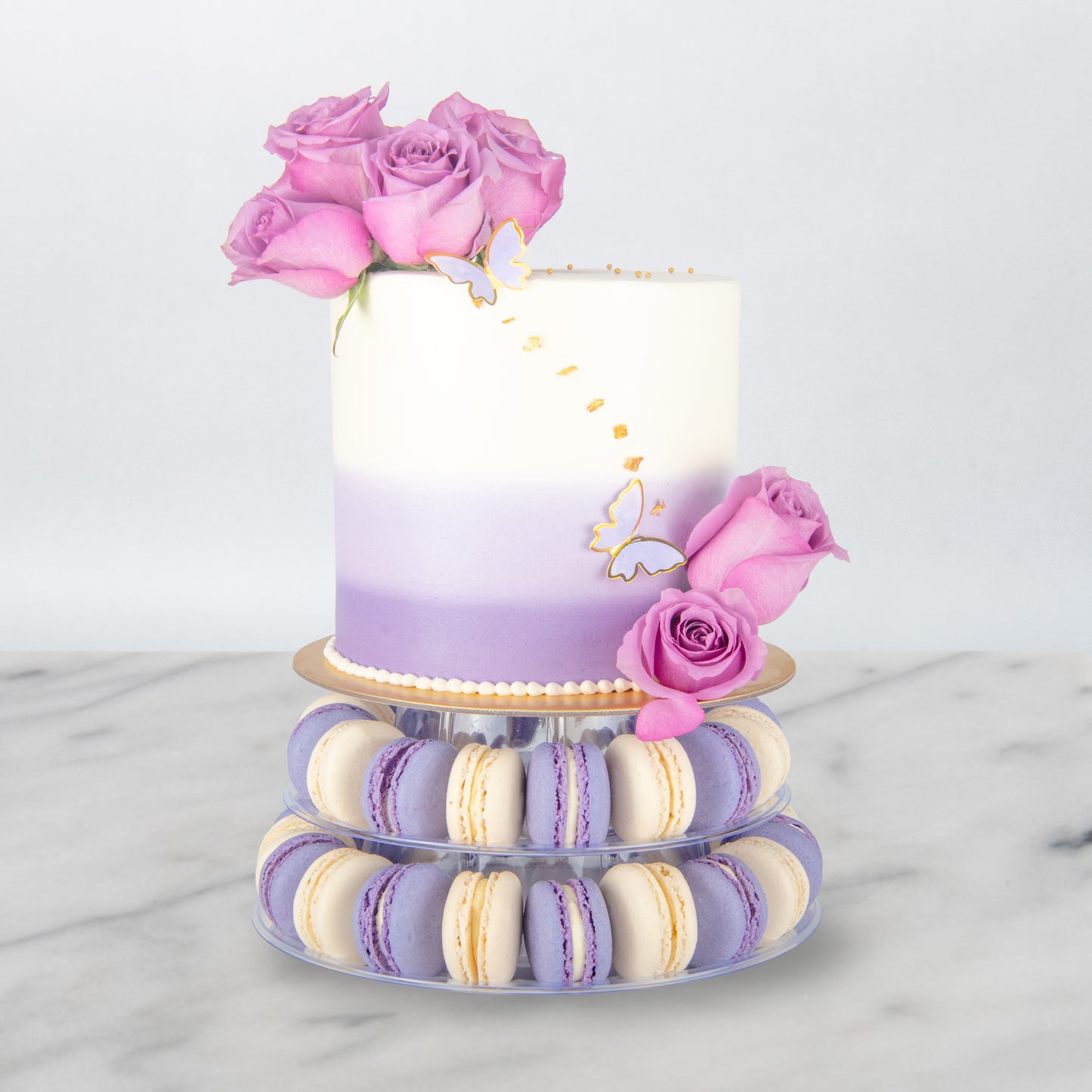 Wedding Cake- Lavender Elegance Macaron Tower Cake – 40 Macarons & Fresh Roses