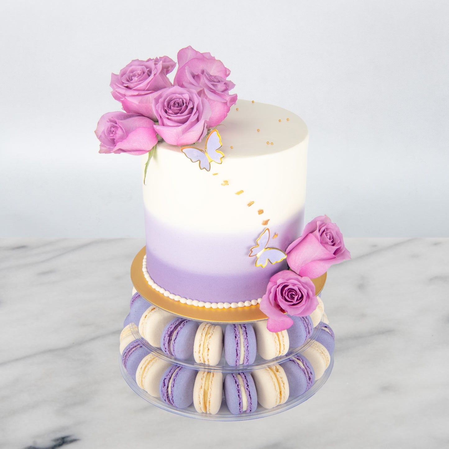 Wedding Cake- Lavender Elegance Macaron Tower Cake – 40 Macarons & Fresh Roses