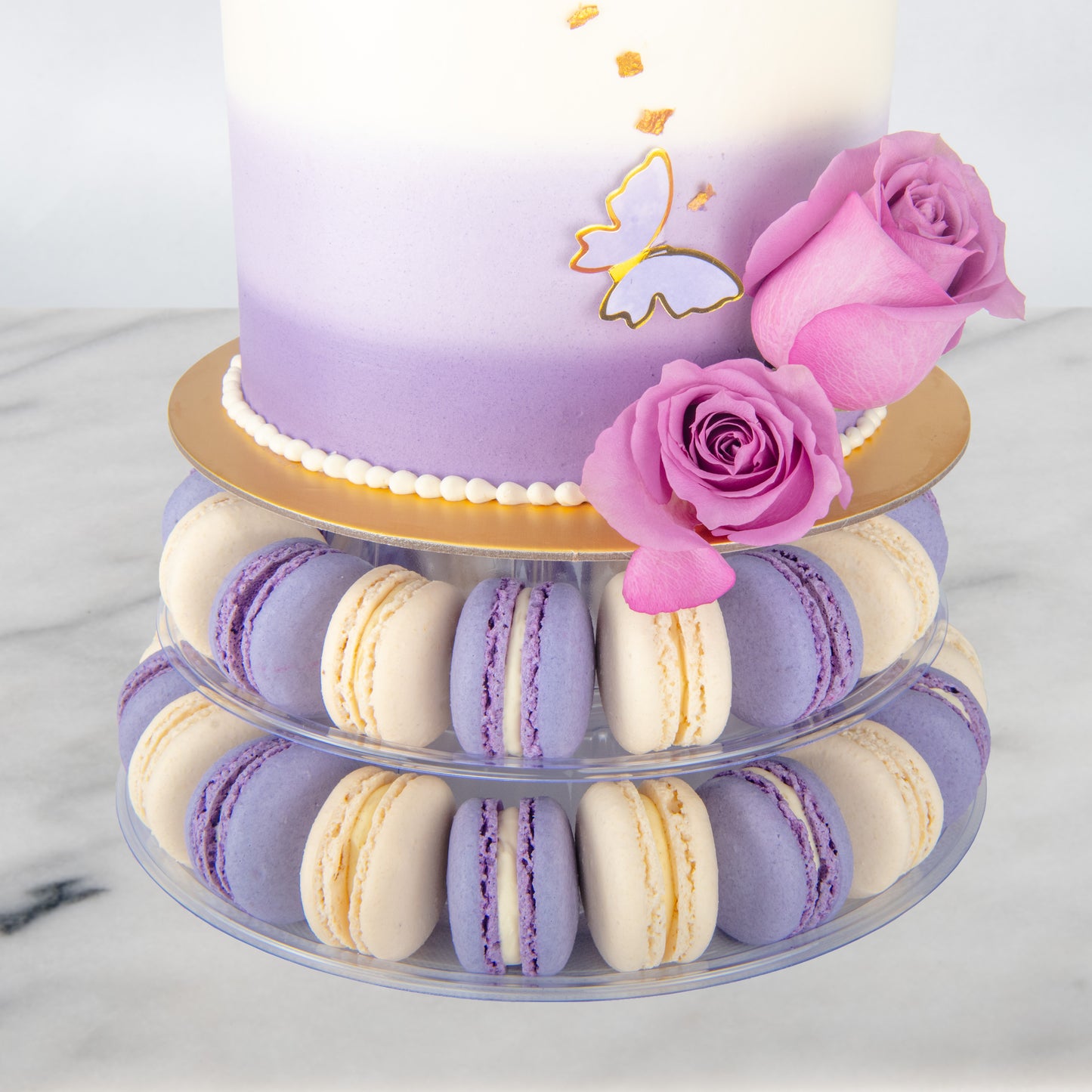 Wedding Cake- Lavender Elegance Macaron Tower Cake – 40 Macarons & Fresh Roses