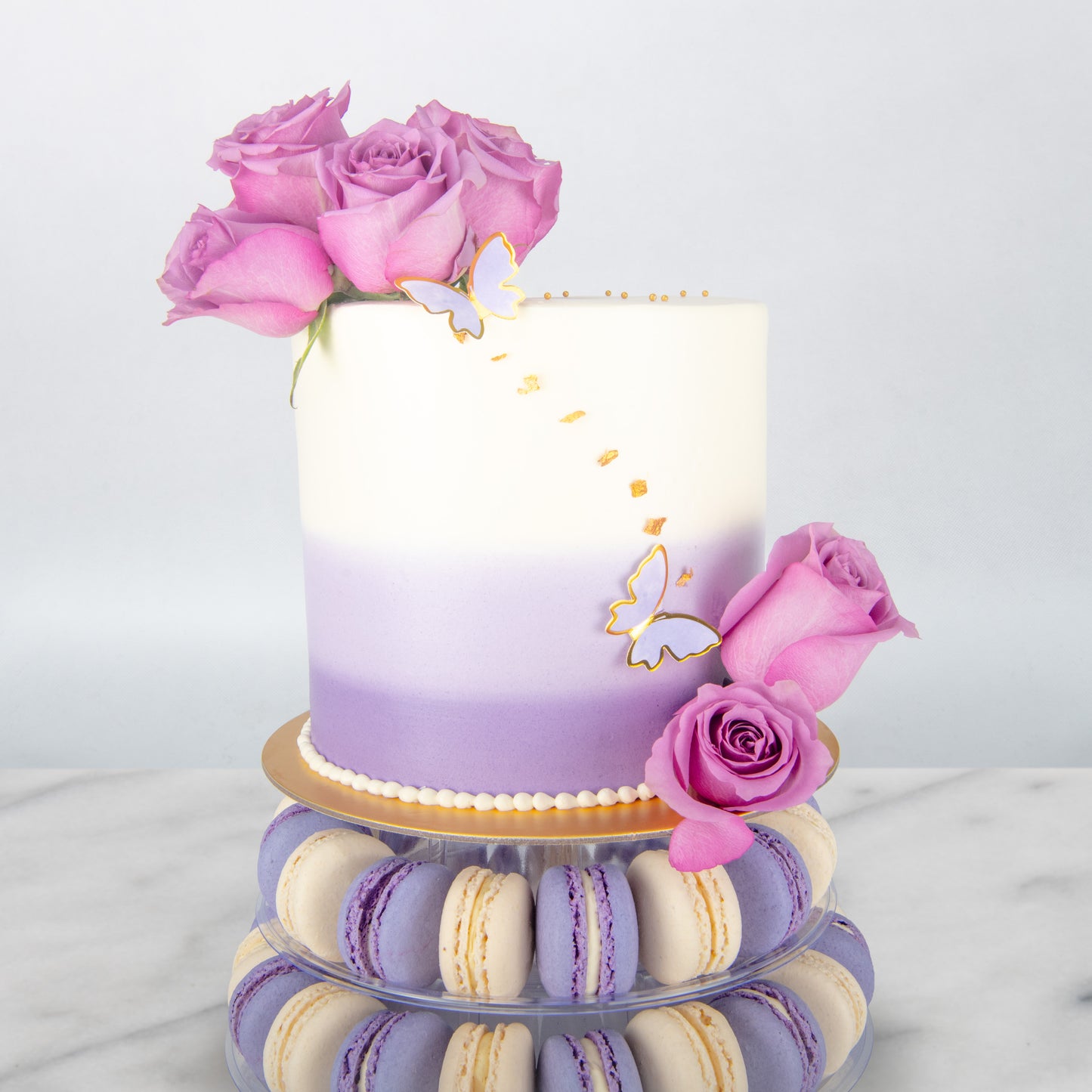 Wedding Cake- Lavender Elegance Macaron Tower Cake – 40 Macarons & Fresh Roses