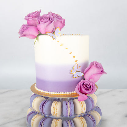 Wedding Cake- Lavender Elegance Macaron Tower Cake – 40 Macarons & Fresh Roses