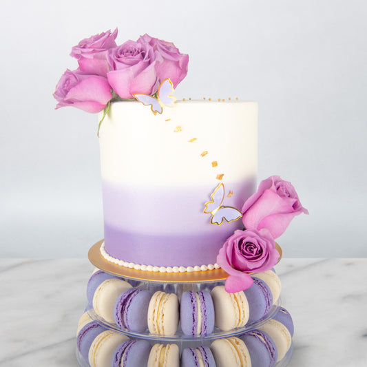 Wedding Cake- Lavender Elegance Macaron Tower Cake – 40 Macarons & Fresh Roses