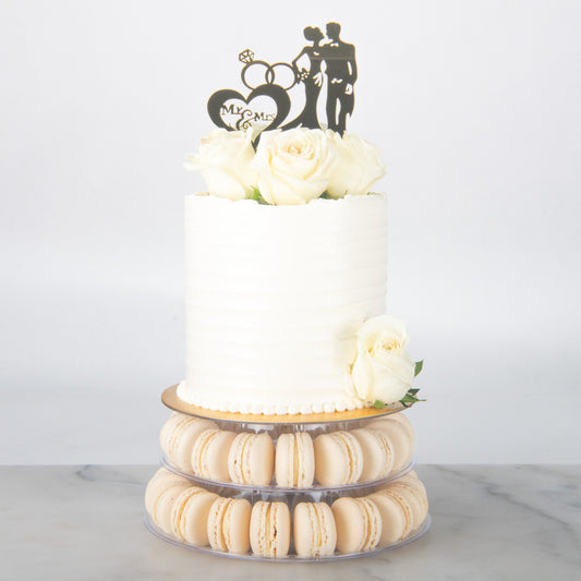 Wedding Cake- Classic White Wedding Macaron Tower Cake – 40 Macarons & Fresh Roses