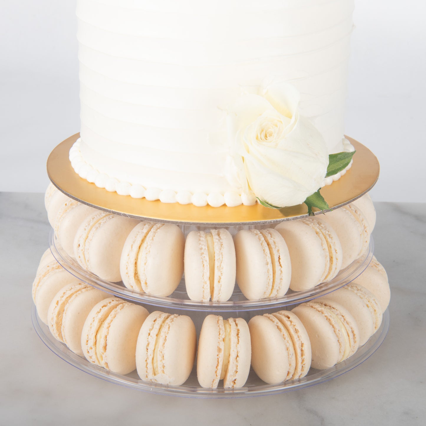 Wedding Cake- Classic White Wedding Macaron Tower Cake – 40 Macarons & Fresh Roses