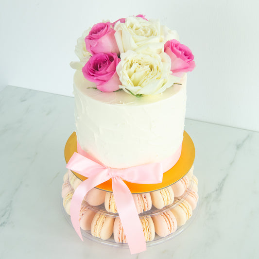 Wedding Cake- Pink & White Bloom Macaron Tower Cake – 40 Macarons & Fresh Roses