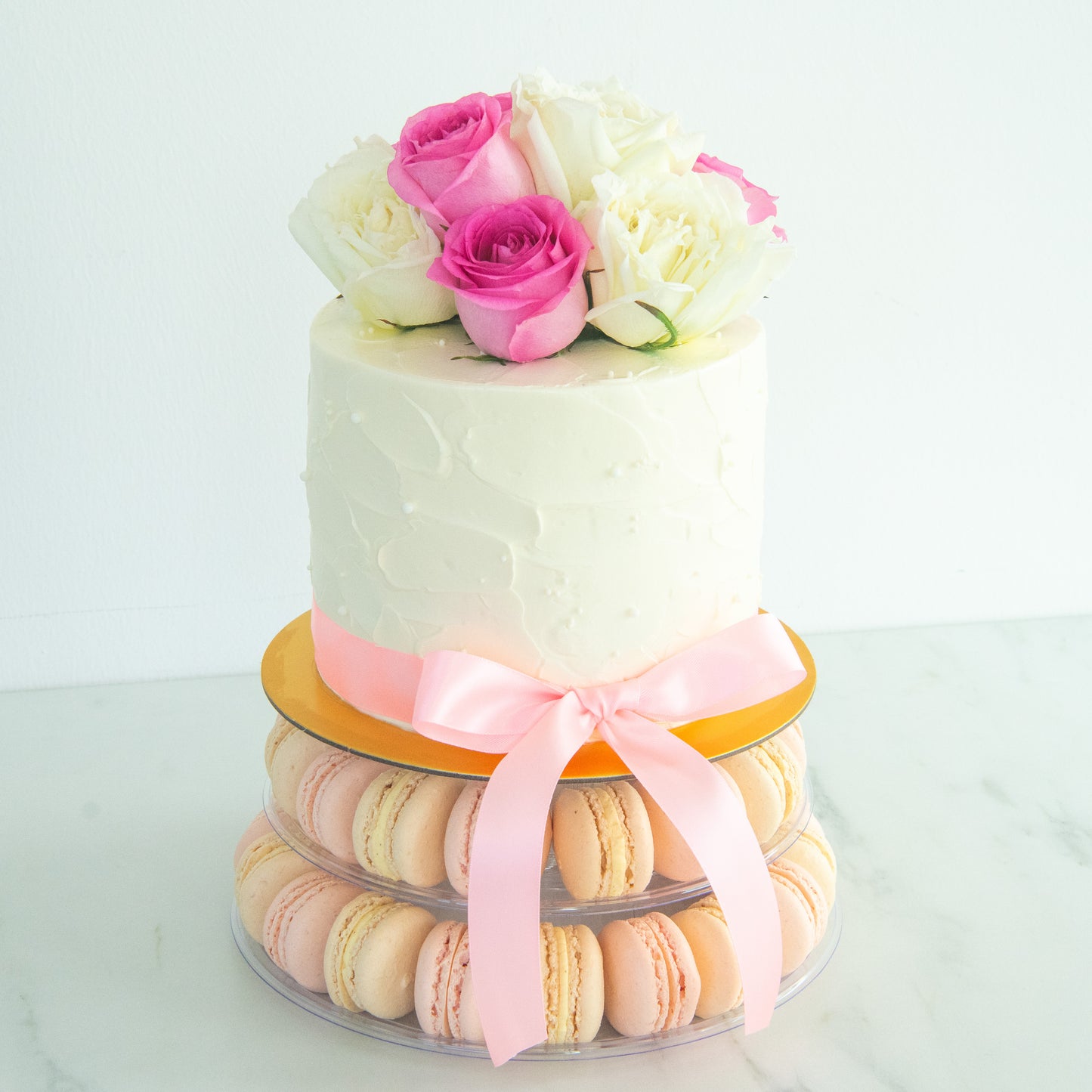 Wedding Cake- Pink & White Bloom Macaron Tower Cake – 40 Macarons & Fresh Roses