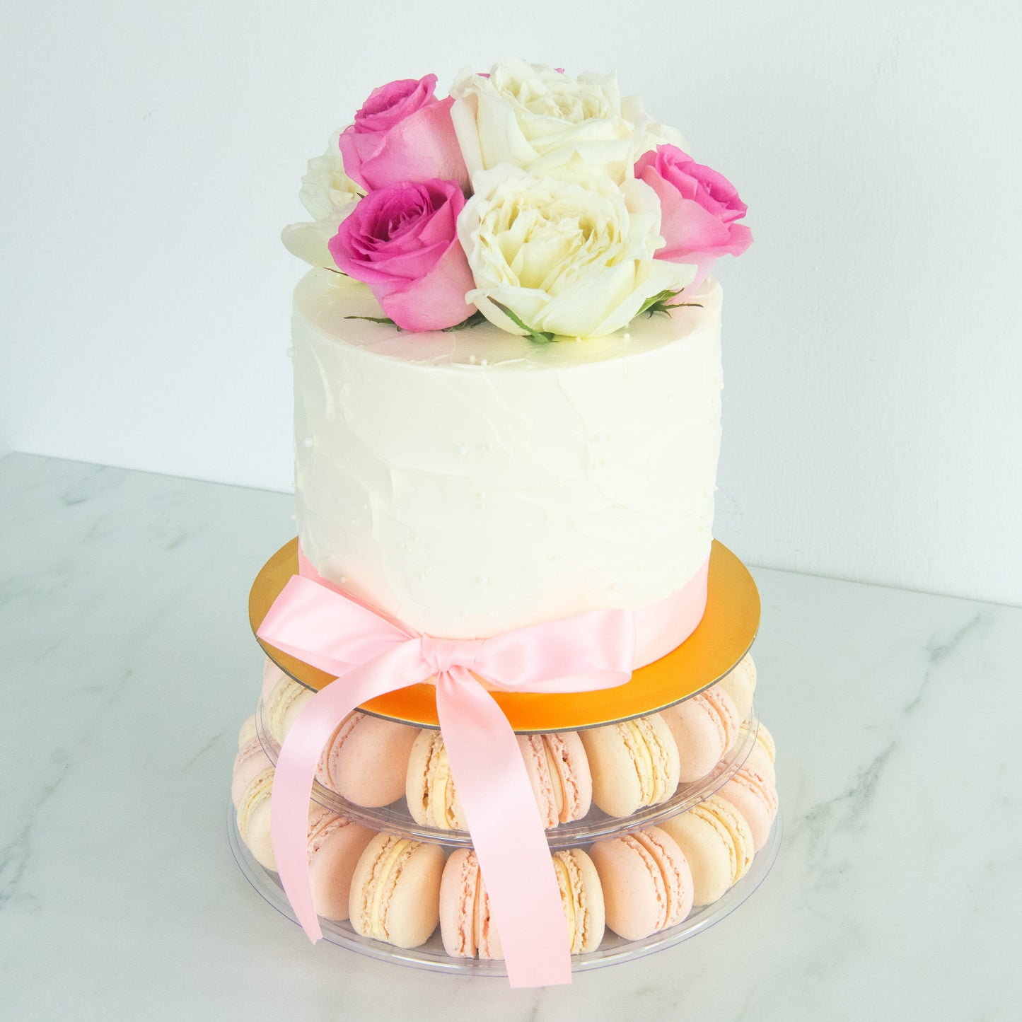 Wedding Cake- Pink & White Bloom Macaron Tower Cake – 40 Macarons & Fresh Roses