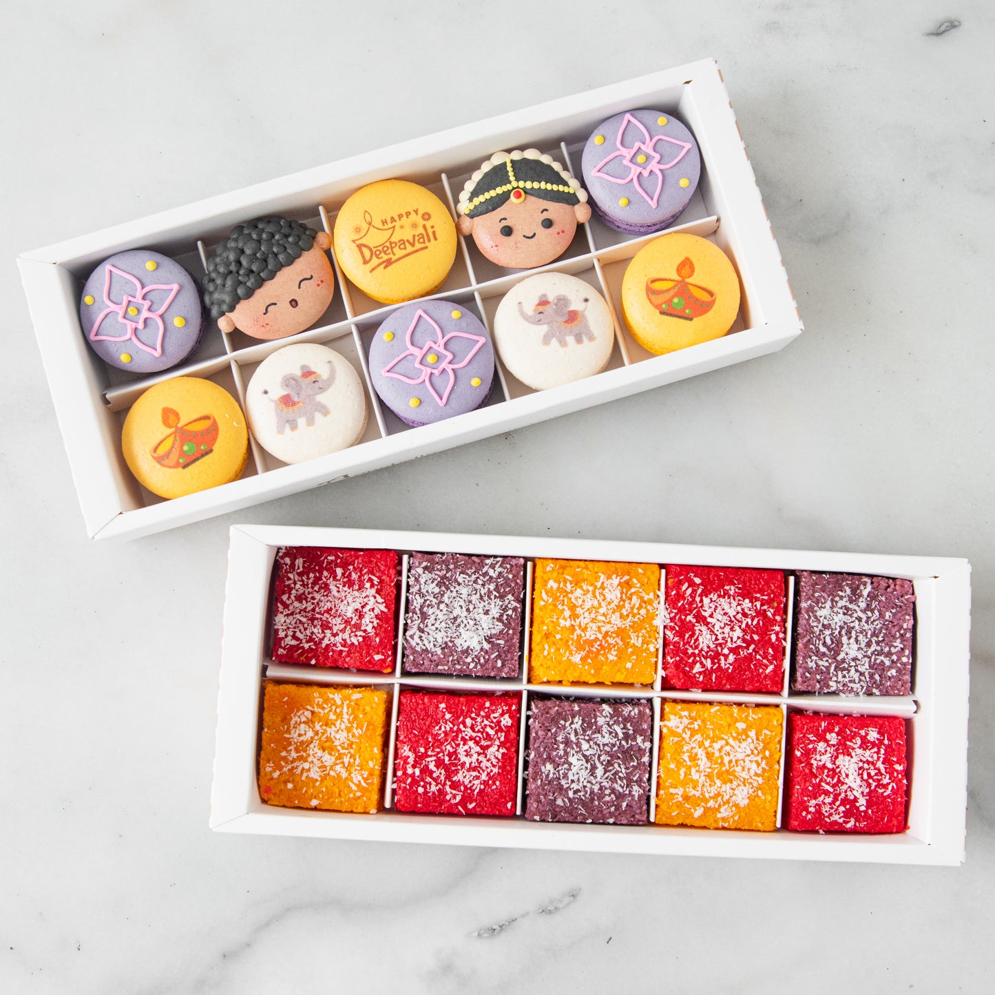 Happy Deepavali | Bundle of 10in1 Radiant Diya Macarons set + 10 in1 Joyful & Colorful Eggless Coconut Barfi | $58 Nett (u.p $89.80)