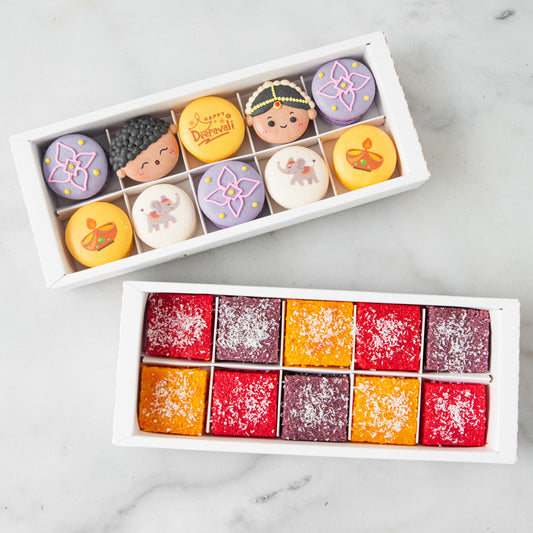 Happy Deepavali | Bundle of 10in1 Radiant Diya Macarons set + 10 in1 Joyful & Colorful Eggless Coconut Barfi | $58 Nett (u.p $89.80)
