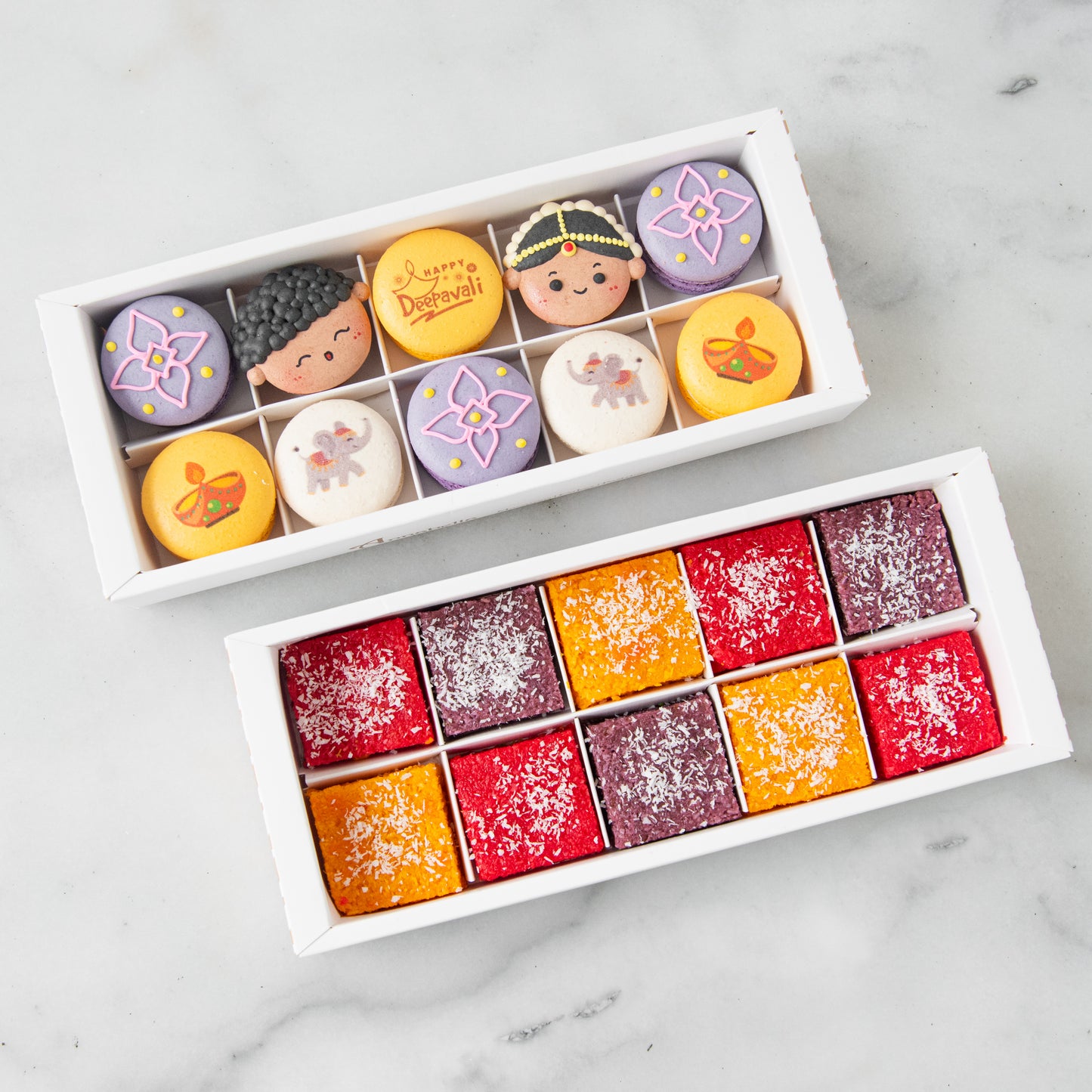 Happy Deepavali | Bundle of 10in1 Radiant Diya Macarons set + 10 in1 Joyful & Colorful Eggless Coconut Barfi | $58 Nett (u.p $89.80)