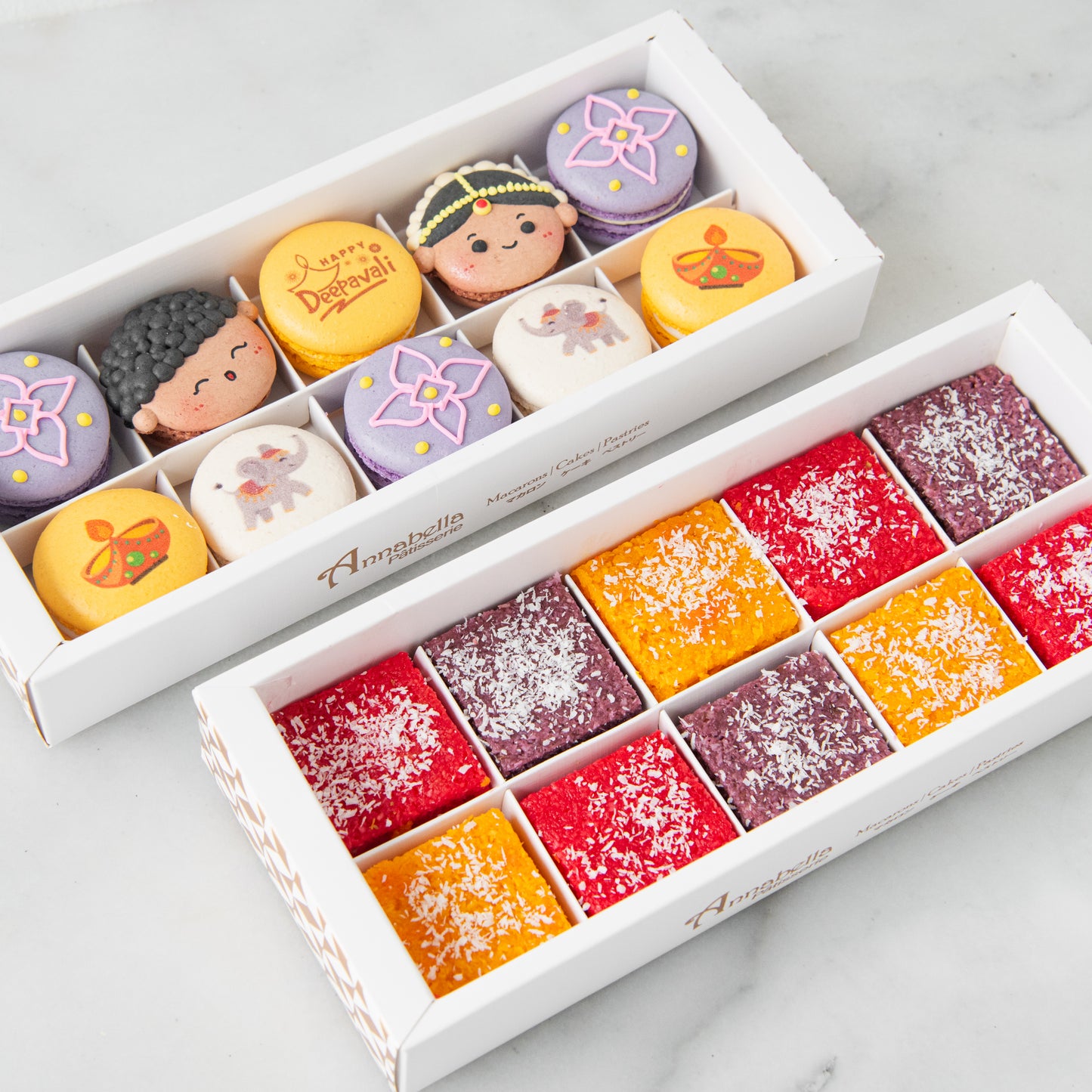 Happy Deepavali | Bundle of 10in1 Radiant Diya Macarons set + 10 in1 Joyful & Colorful Eggless Coconut Barfi | $58 Nett (u.p $89.80)