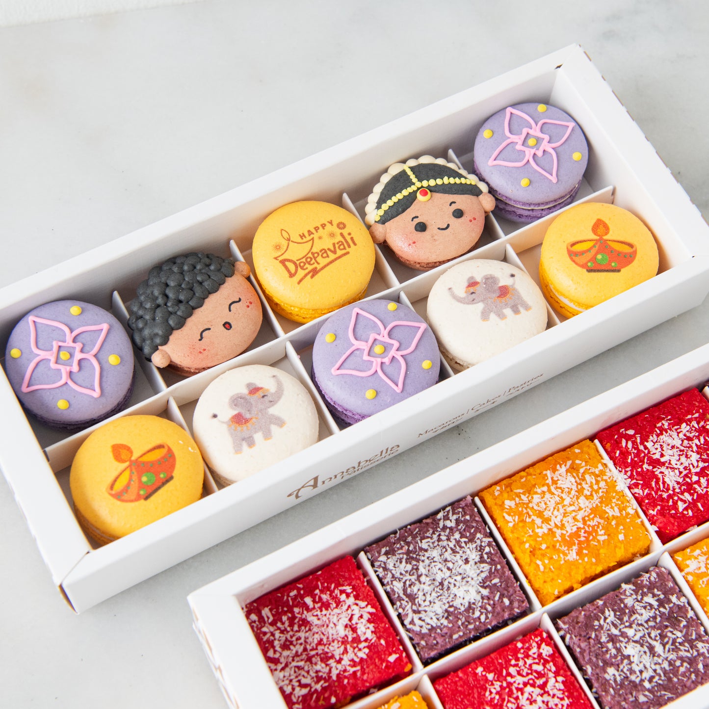 Happy Deepavali | Bundle of 10in1 Radiant Diya Macarons set + 10 in1 Joyful & Colorful Eggless Coconut Barfi | $58 Nett (u.p $89.80)