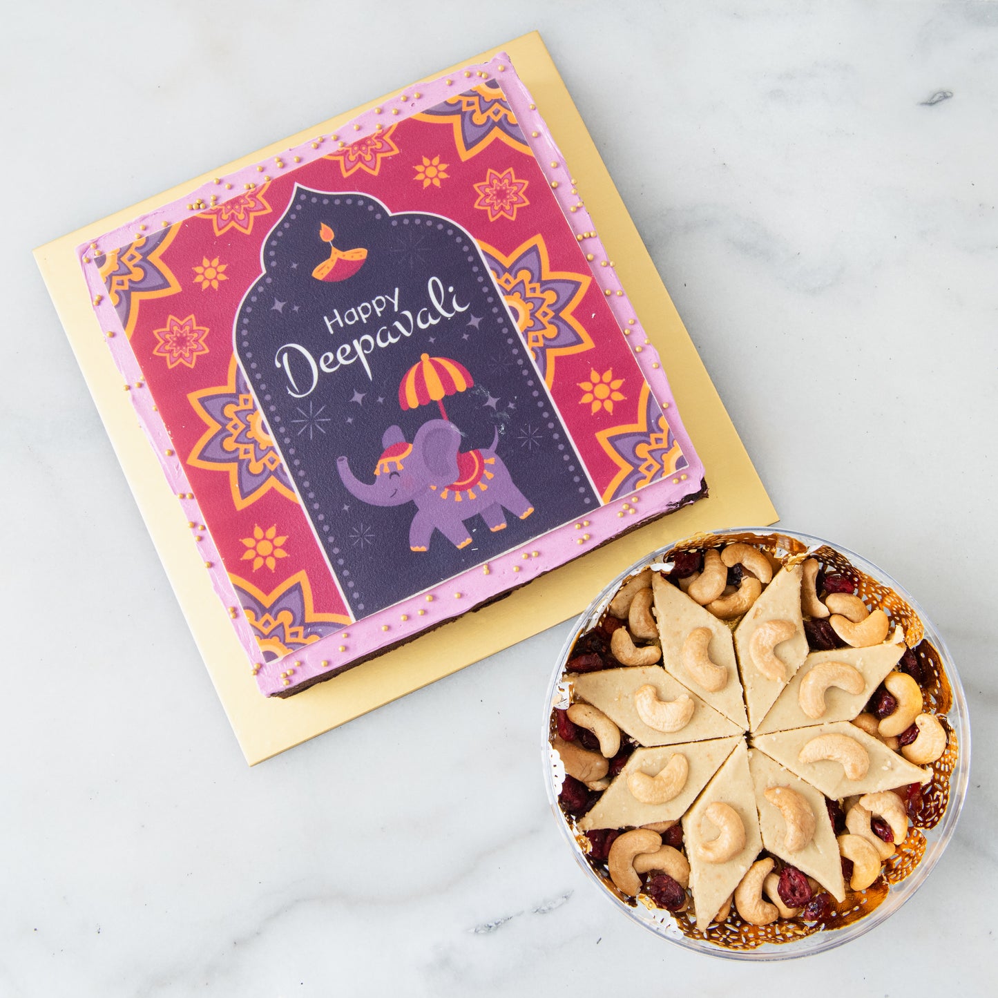 Eggless* | Bundle of Happy Deepavali Eggless Big Brownie + 8pcs Rangoli Royale Eggless kaju katli | $72.80 Nett (u.p $117.60)