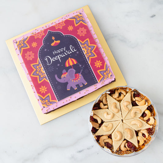 Eggless* | Bundle of Happy Deepavali Eggless Big Brownie + 8pcs Rangoli Royale Eggless kaju katli | $72.80 Nett (u.p $117.60)