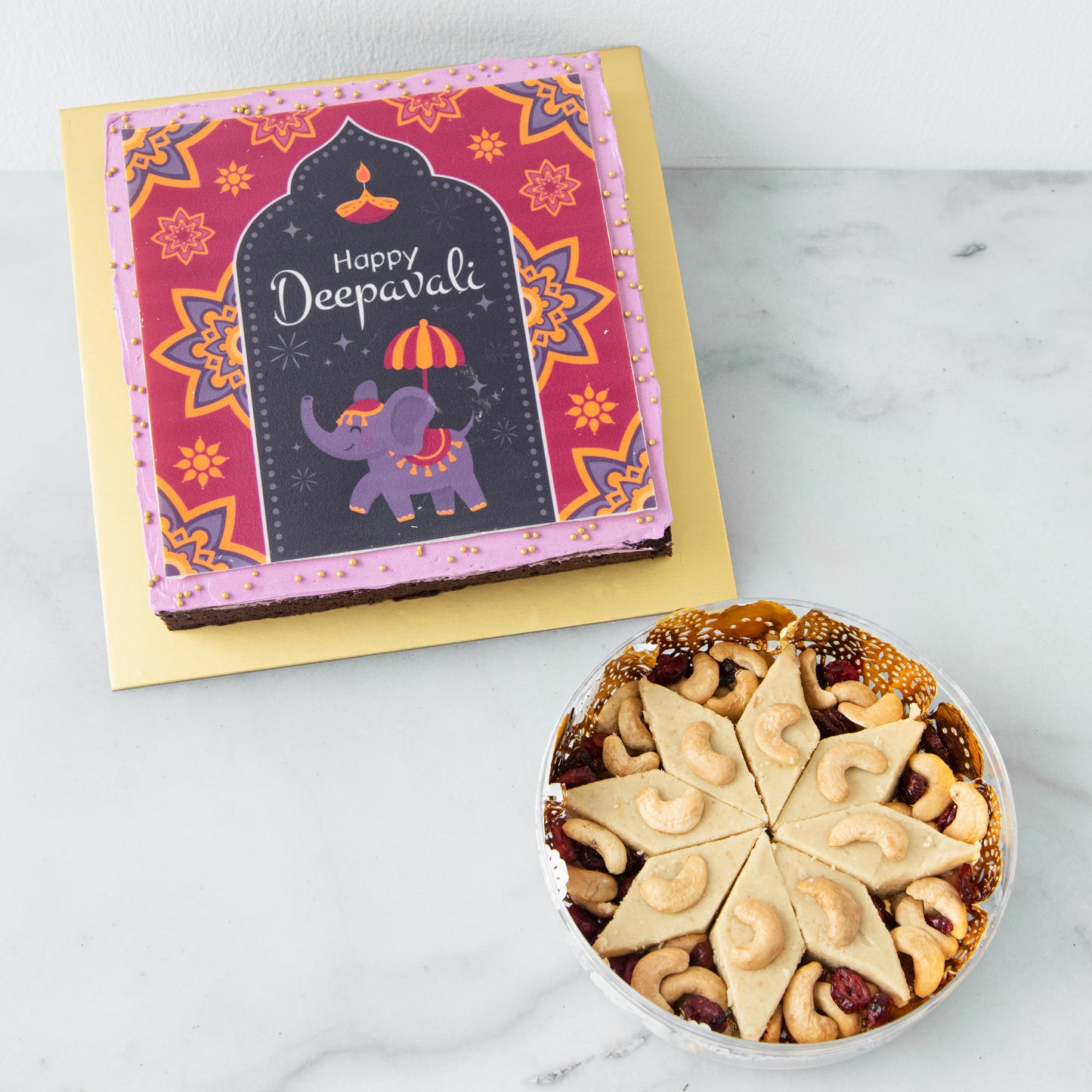 Eggless* | Bundle of Happy Deepavali Eggless Big Brownie + 8pcs Rangoli Royale Eggless kaju katli | $72.80 Nett (u.p $117.60)