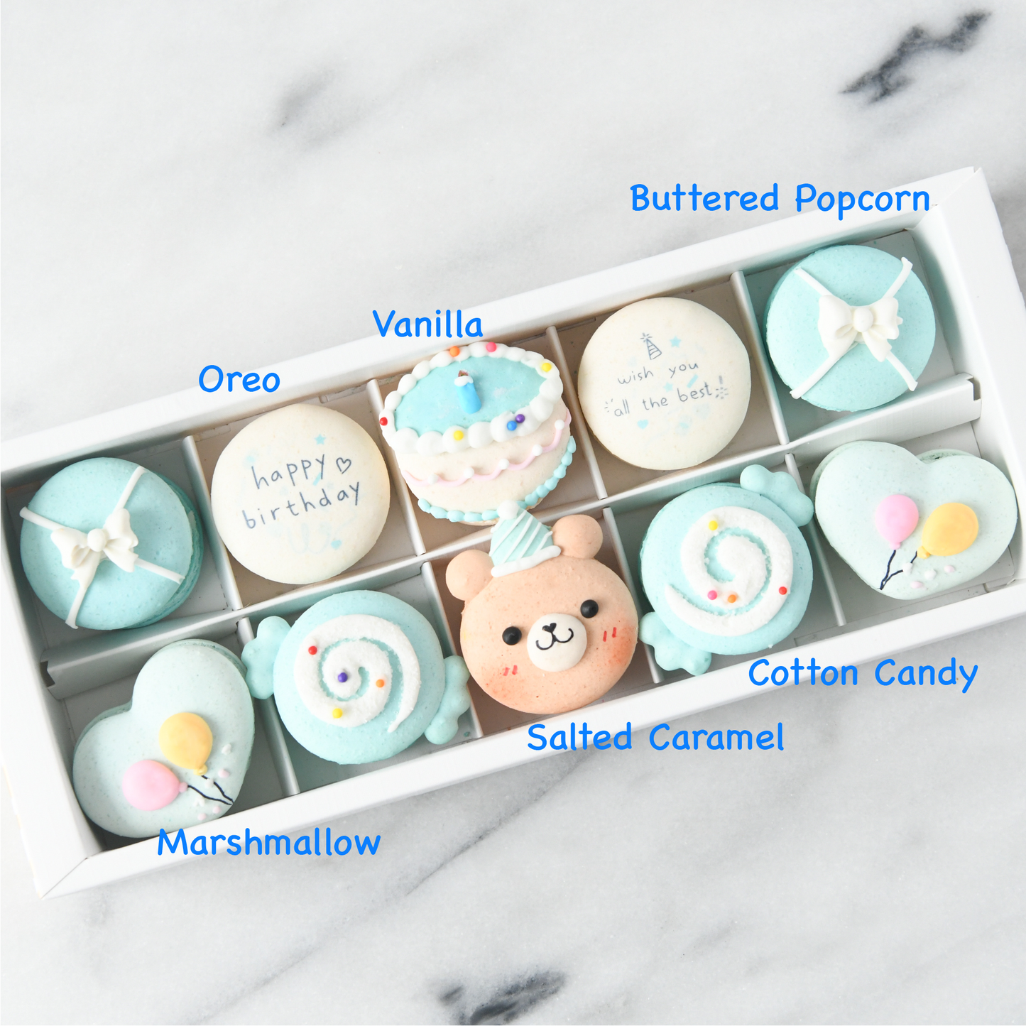 10pcs Birthday Boy Macarons in a Gift Box | Complimentary Ribbon and Personalised Message | $45.80 nett only