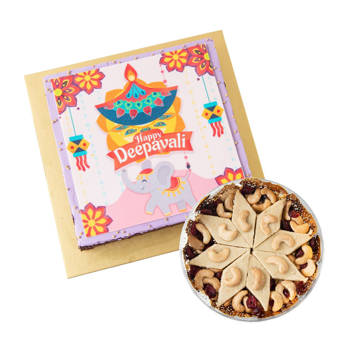 Eggless* | Bundle of Happy Deepavali Eggless Big Brownie + 8pcs Rangoli Royale Eggless kaju katli | $72.80 Nett (u.p $117.60)