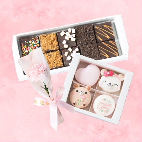Bundle Set - Hugs and Kisses 4in1 Macaron+Brownie 10pcs+Single Carnation Flower | (ONLY AVAILABLE 9MAY & 10MAY) | $35.80 Nett