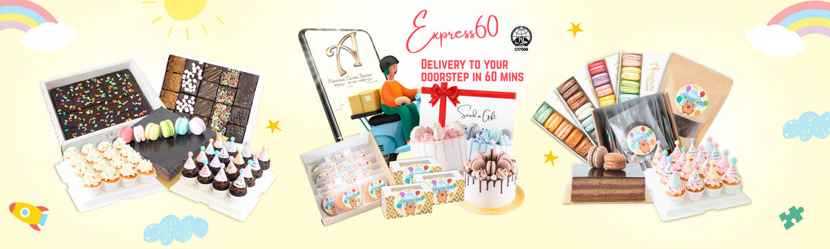 A promotional collage for an Express60 gourmet gift box set, featuring various food items like chocolate bars, cupcakes, macarons, and pastries, alongside a digital delivery map graphic and a red bow, set against a light yellow background with cartoon clouds and sun.
