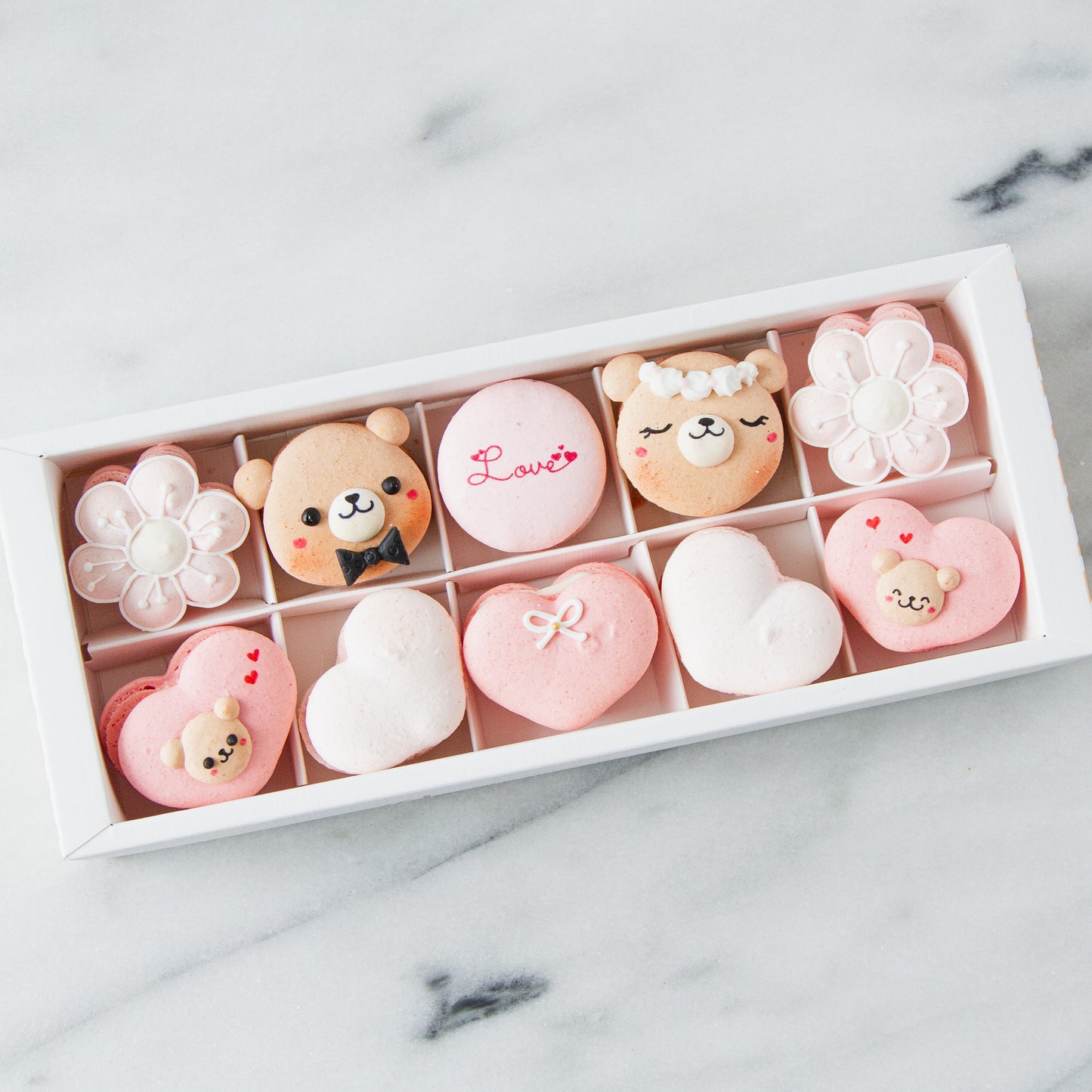 10 pcs Bear Couple Macarons in a Gift Box | Complimentary Ribbon and Personalised Message | $45.80 Nett