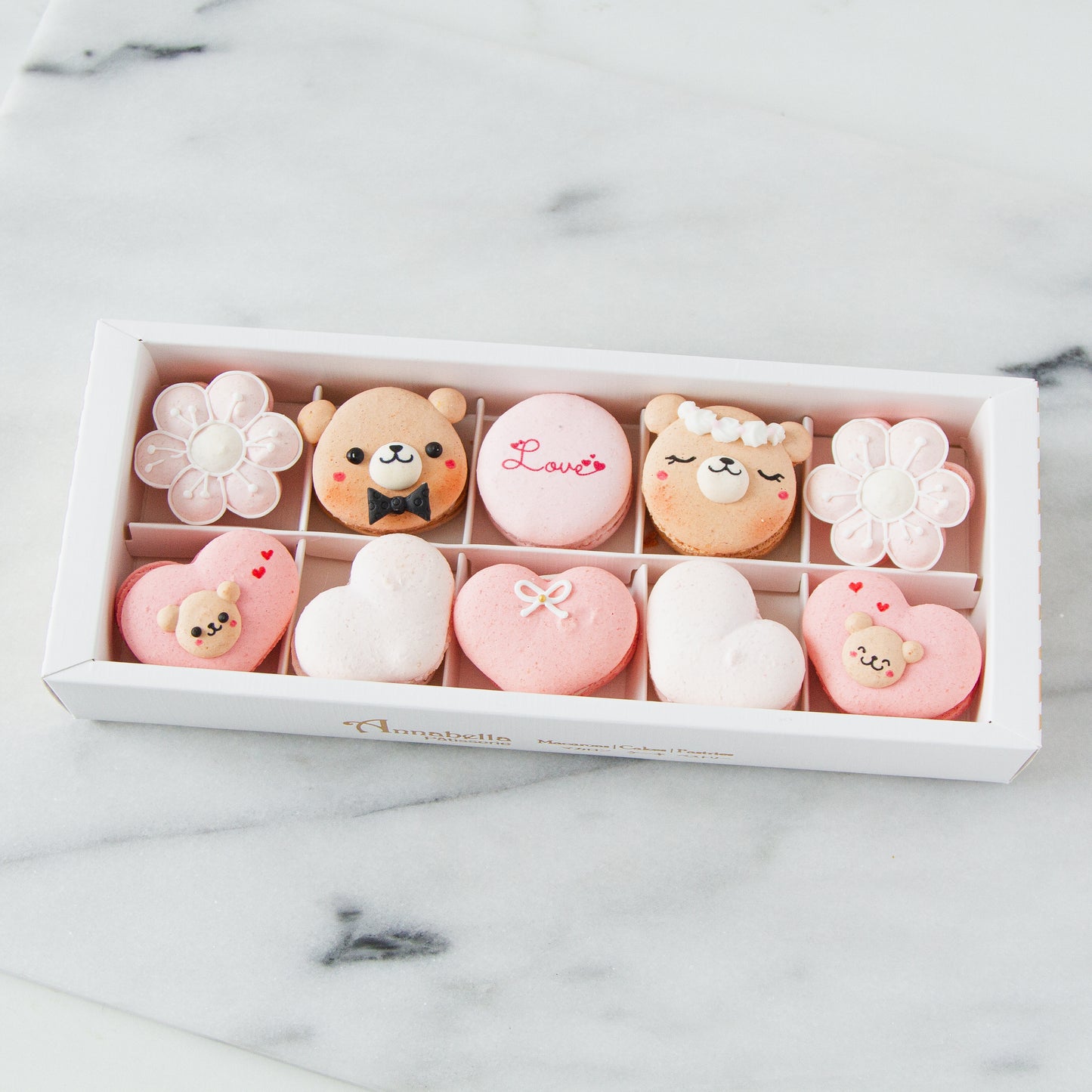 10 pcs Bear Couple Macarons in a Gift Box | Complimentary Ribbon and Personalised Message | $45.80 Nett