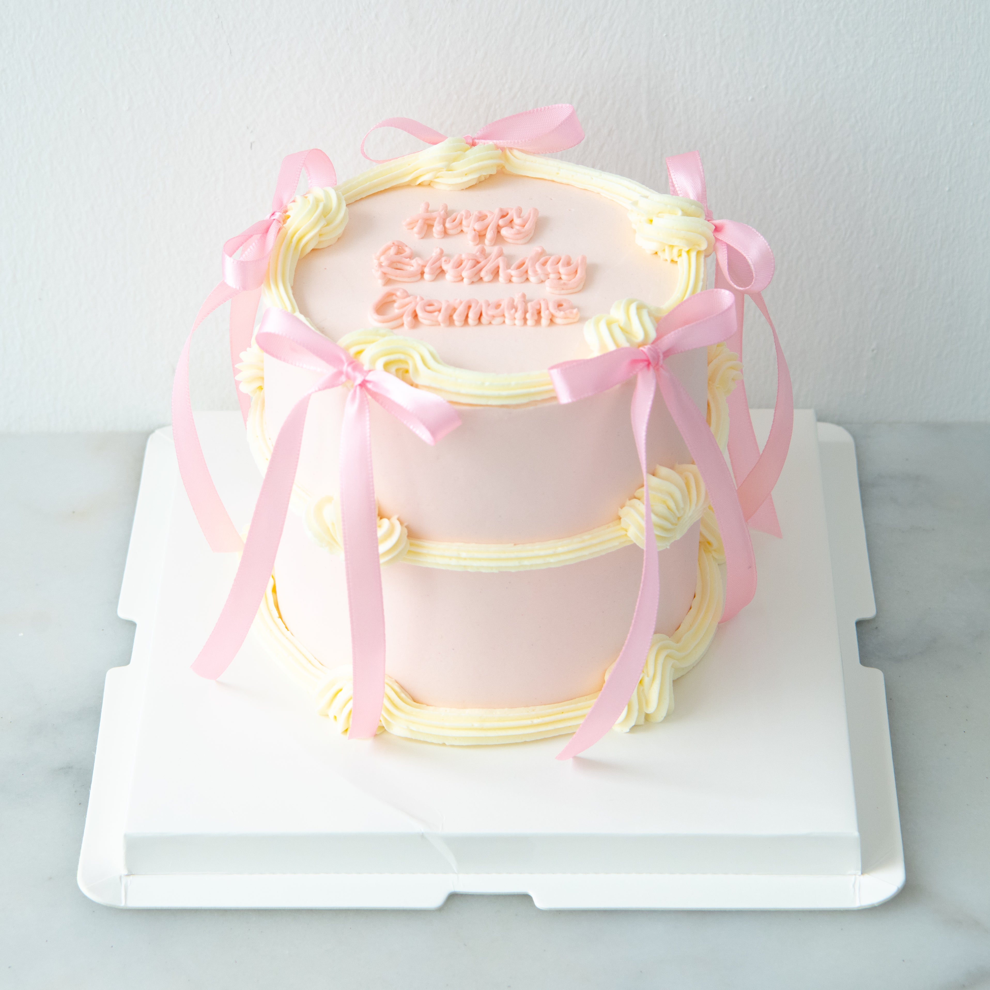 Pink Ribbion Cake Customized Cake- Pastel Pink Vintage Ribbon Cake