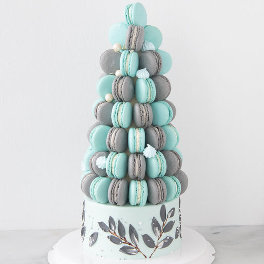 Customized Cake-Blue Ombre Macaron Tower Cake In Gift Box | $258 Nett