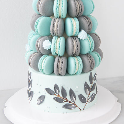 Customized Cake-Blue Ombre Macaron Tower Cake In Gift Box | $258 Nett (Copy)