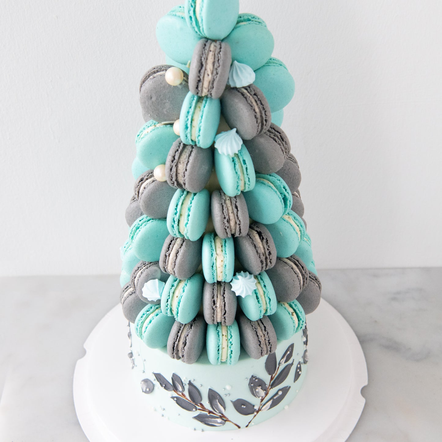 Customized Cake-Blue Ombre Macaron Tower Cake In Gift Box | $258 Nett (Copy)