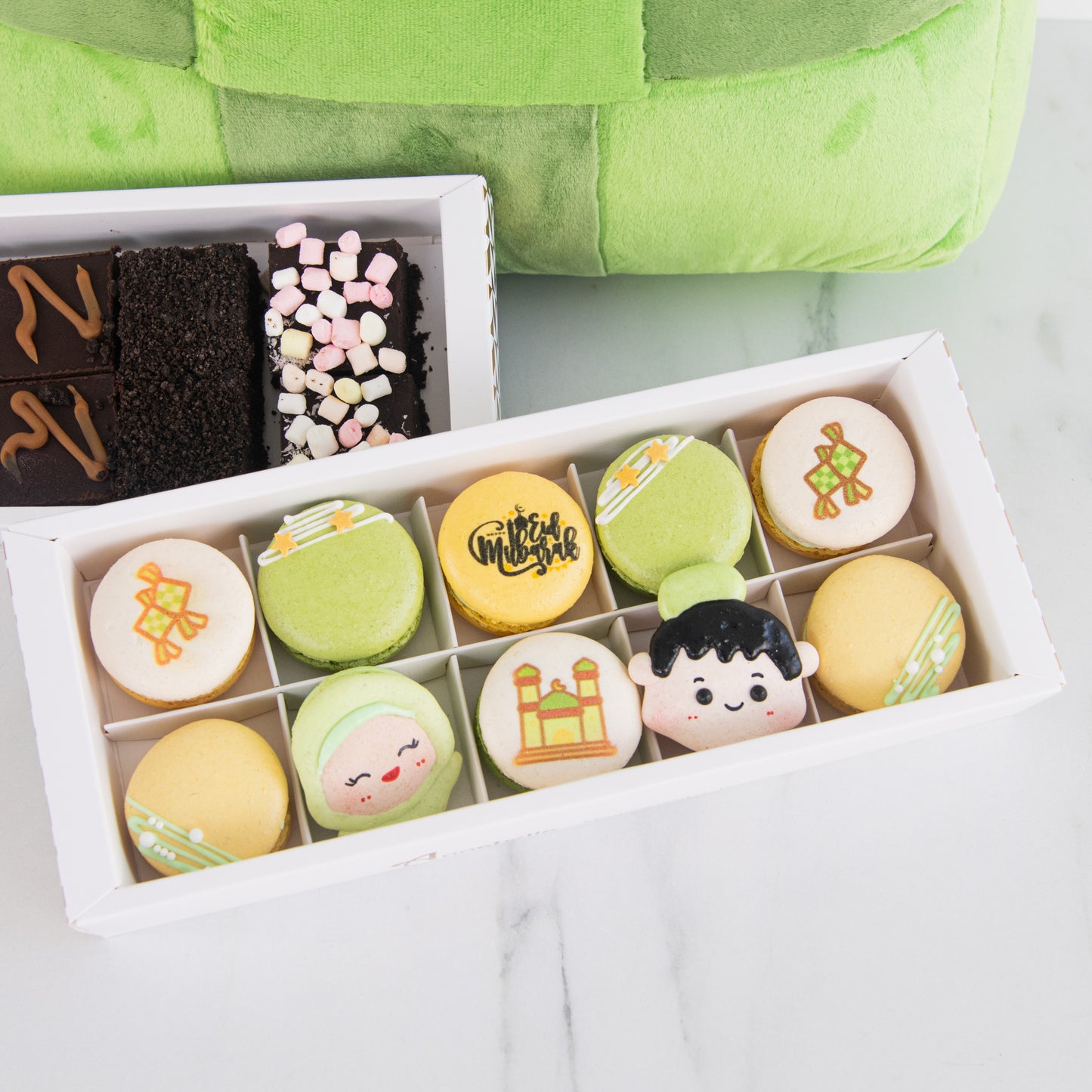 Happy Eid Mubarak! | Kampung Raya Bundle Set | NOM Ketupat Cushion + Raya Delight 10in1 Macaron + 10in1 Brownie  | $87.80 Nett