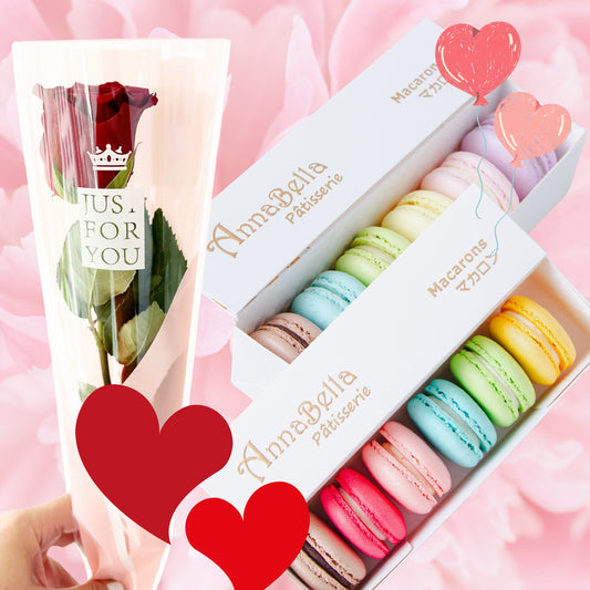 Happy 520! | 1 Fresh Rose + 2 Assorted 6pcs Macarons | *Only Available for 13 &14 Feb* $33.90 Nett