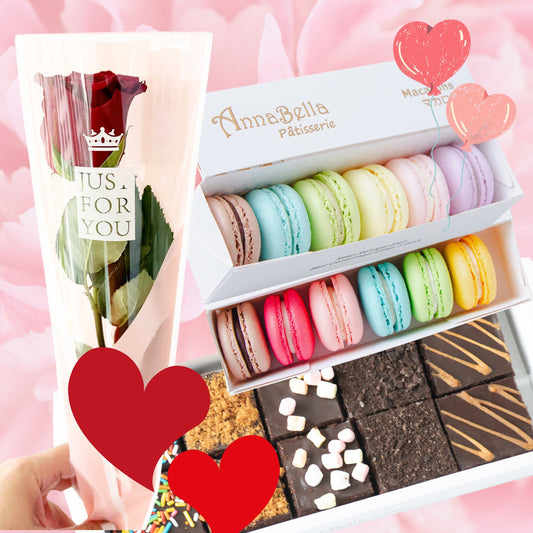 Happy 520! | 1 Fresh Rose + 2xAssorted 6pcs Macarons + 1x10pcs Brownies | *Only Available for 20May*  $39.90 Nett