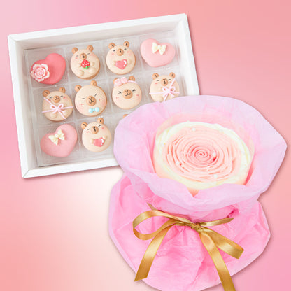 Happy Valentine's Day! | Bundle Gift : Eternal Rose Bouquet 3'' Mini Cake + 12pc Lovely Capybara Macaron | $98.80 Nett