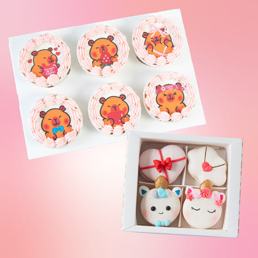 Happy Valentine's Day | Bundle Gift : Capy-Love 6pcs Cupcakes In Gift Box + Love In The Air Unicorn 4in1 Macaron | $45.80 Nett