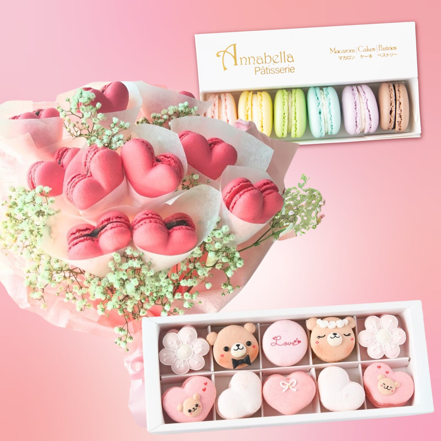 Macarons Bouquet Flowers (10pcs Heartshaped) with Fresh Flower and Ribbon + 1 Box 10pcs Couple Bear + 1 Box 6pcs Classic 1