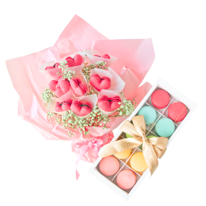 Macarons Bouquet Flowers (10pcs Heartshaped) with Fresh Flower and Ribbon + 1 Box 10pcs Premium 1