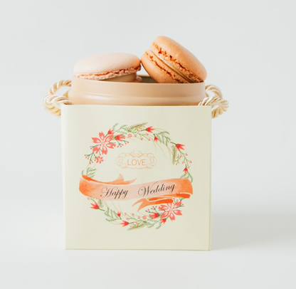 Wedding Door-Gift | 2pcs Macarons in Round Tin "HAPPY WEDDING" Box & Paper Bag